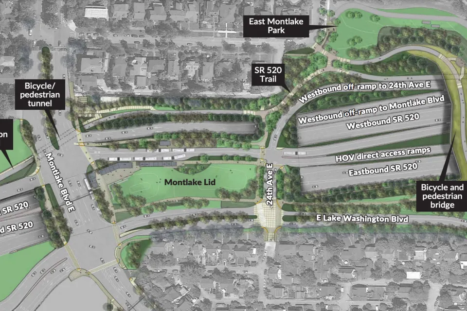 A rendering showing a planned freeway improvement project that will create a "lid" over State Route 520 for use as public open space.